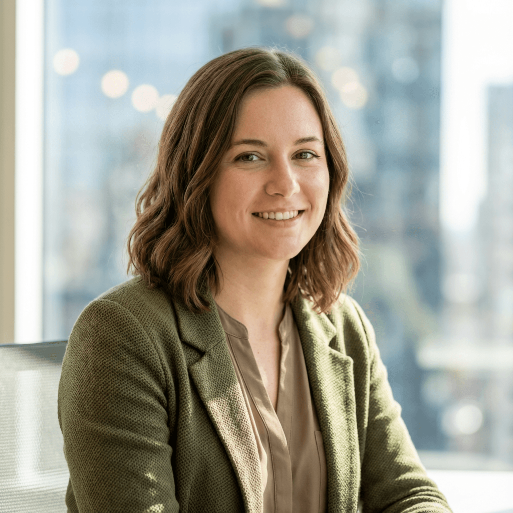 Female client with healthy hair smiling gently in a softly lit office