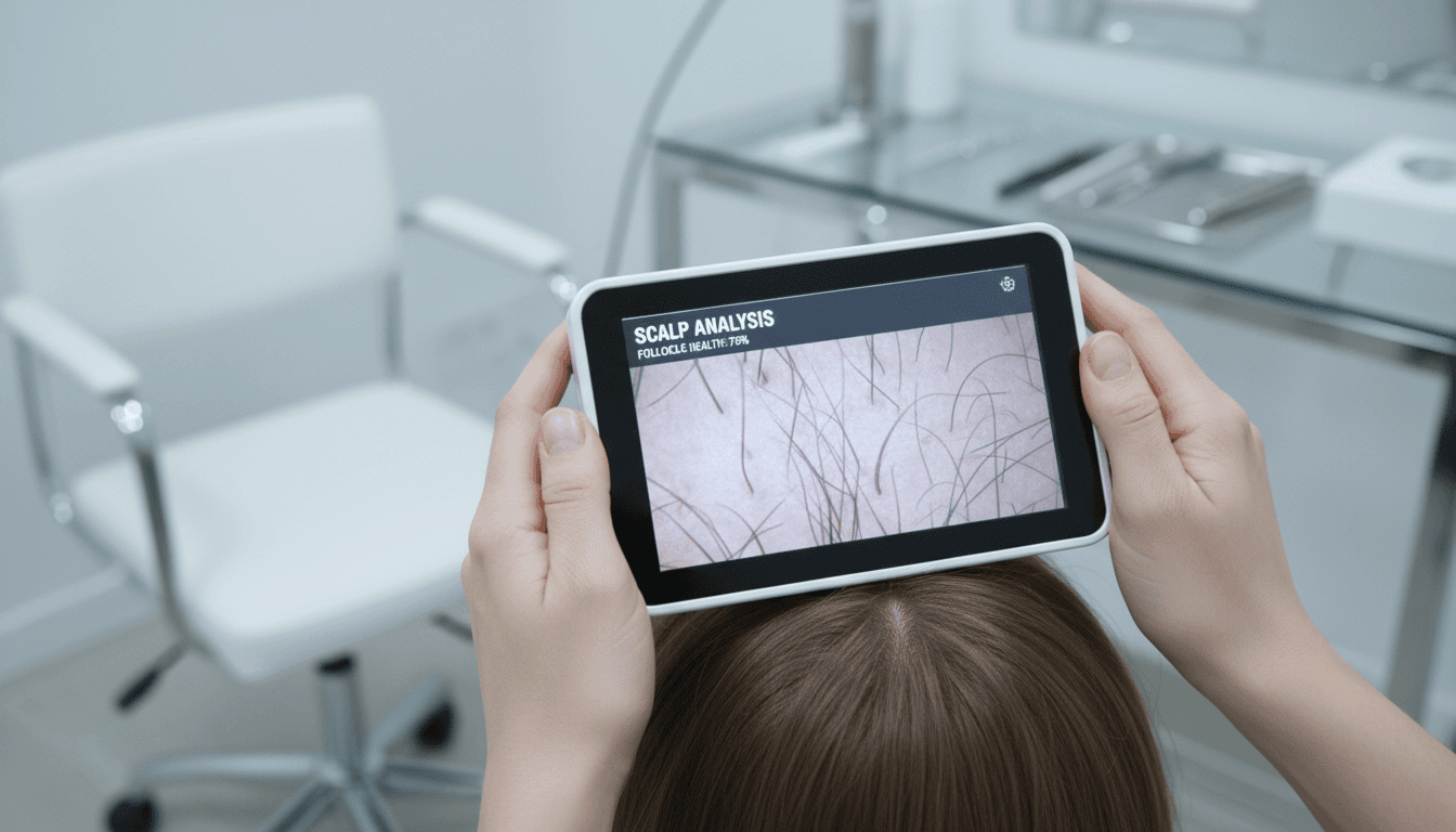 Professional trichologist examining a patients scalp with a specialized tool in a bright clinical setting