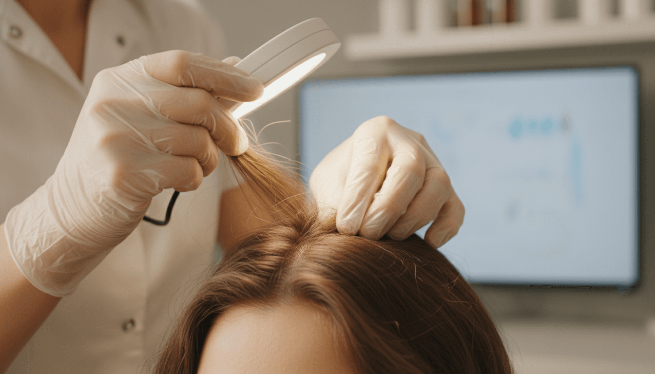 Trichologist examining a client's scalp during a consultation
