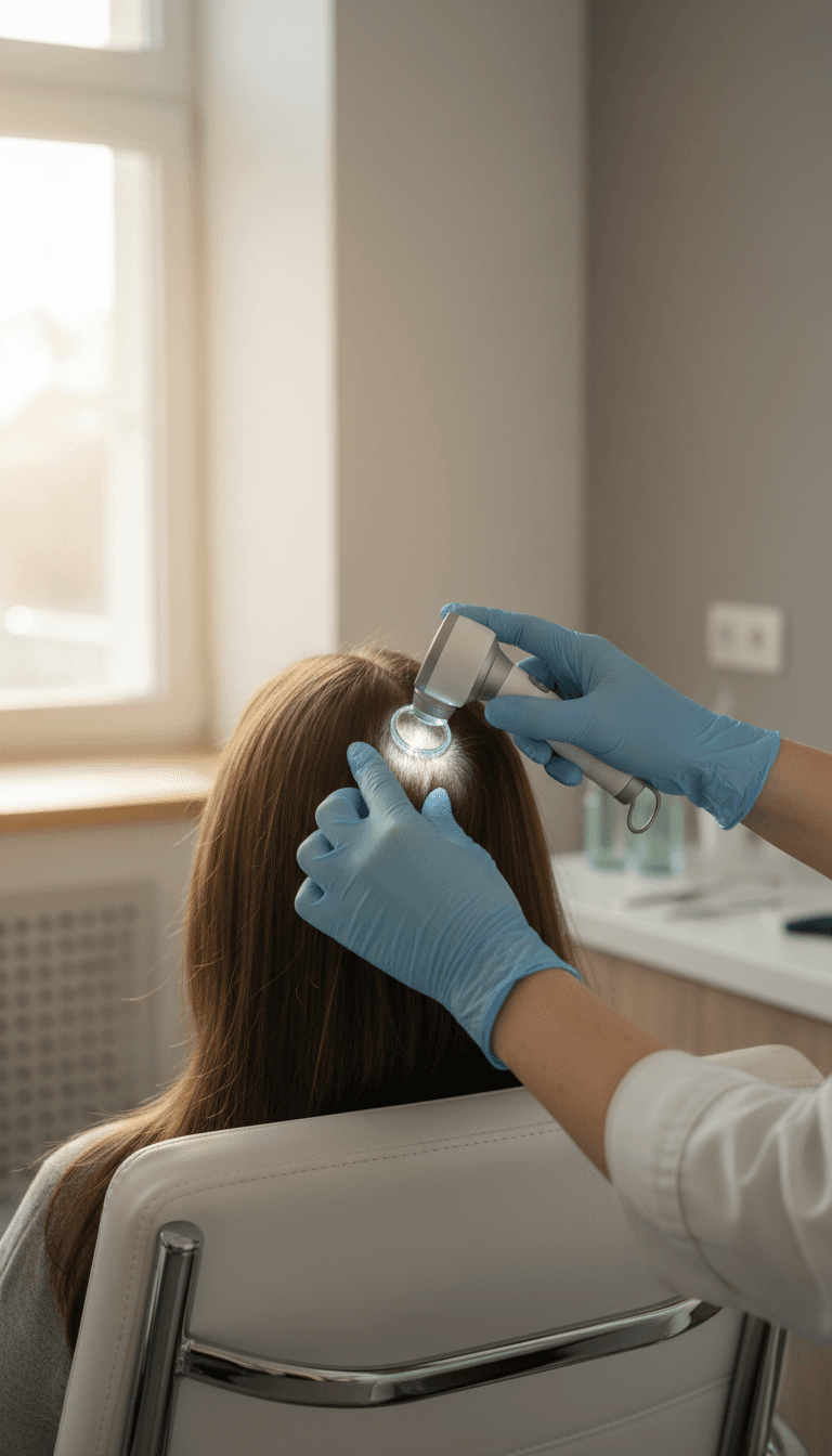 Trichologist examining a patient's scalp with a professional handheld device in a clinic setting