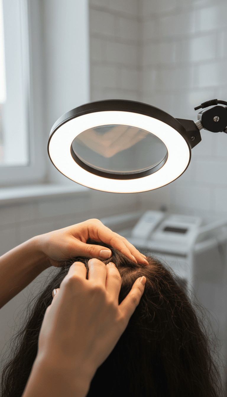 Trichologist examining a client's scalp with a magnifying lamp in a bright clinic room