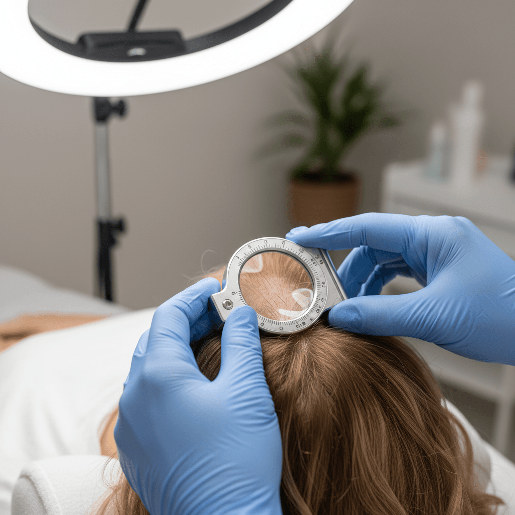 Specialist hands performing detailed scalp examination with magnifying scope during clinical consultation and diagnosis