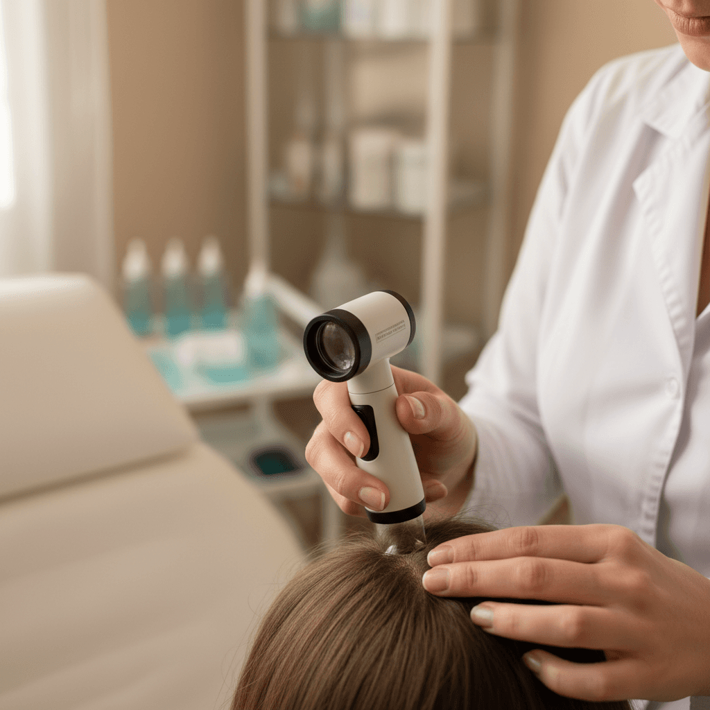 Trichologist examining a patient's scalp in a sunlit clinic