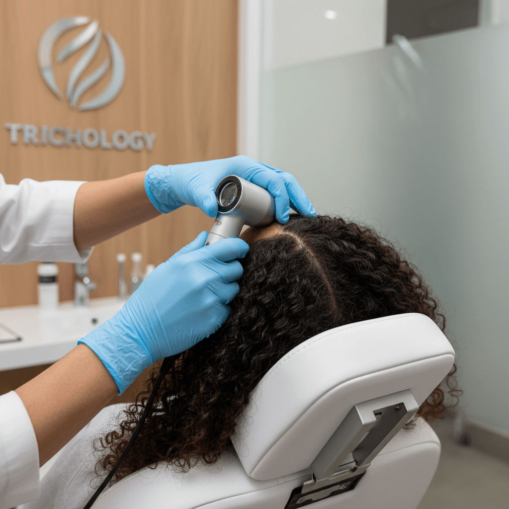 Trichologist performing detailed scalp examination with dermatoscope on patient in bright clinical setting