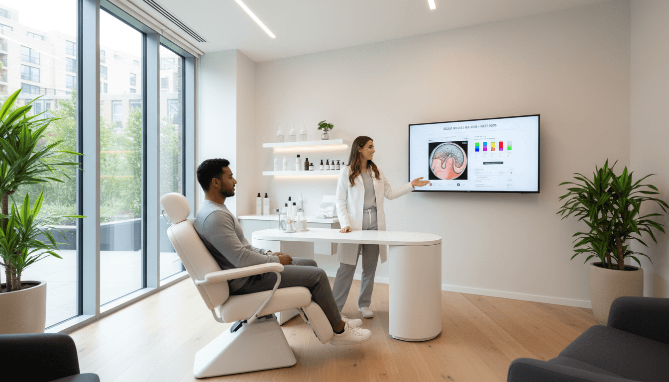 Trichologist examining a client's scalp in a private consultation room