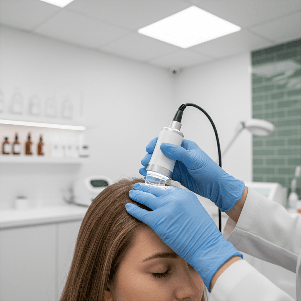 Trichologist examining a client's scalp during a consultation in Charlotte