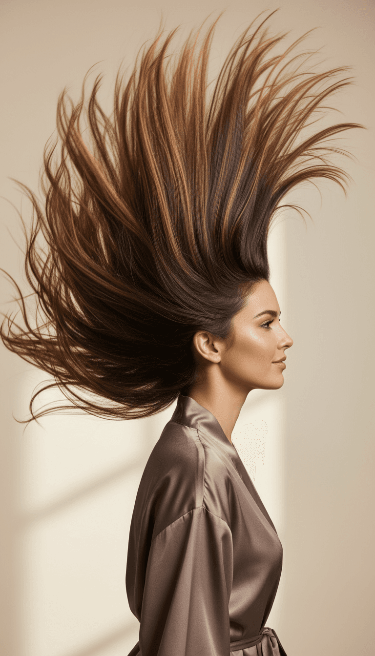 Woman with healthy, full hair smiling softly in a bright, neutral setting